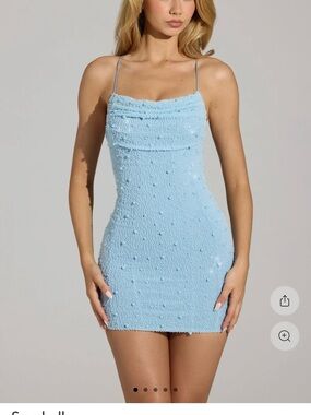 Oh Polly Seychelles Embellished Cowl Neck Mini Dress in Sky Blue